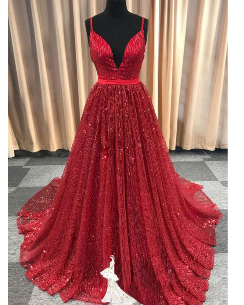Vestido de fiesta largo rojo con lentejuelas y escote en V sexy y brillante, vestido de noche PL01110