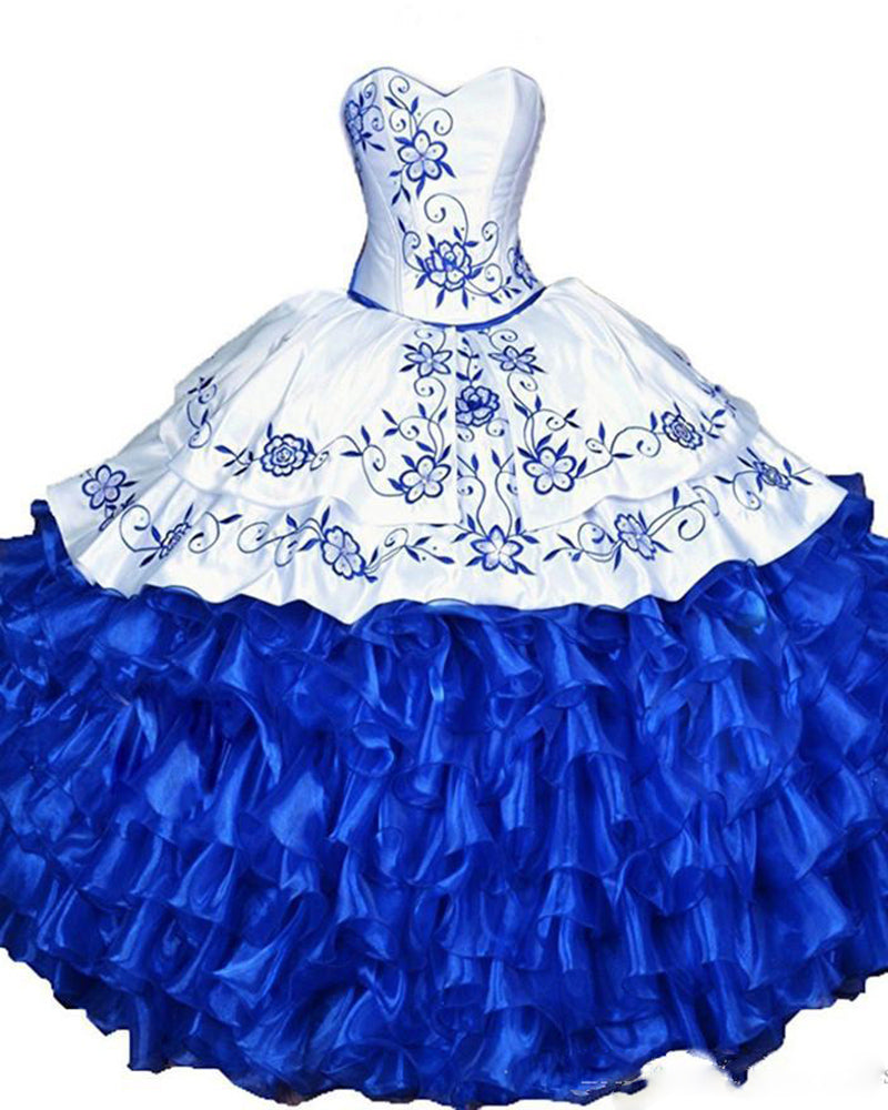 Vestido de novia con escote en forma de corazón y corsé, vestido de quinceañera azul real y blanco PL0710