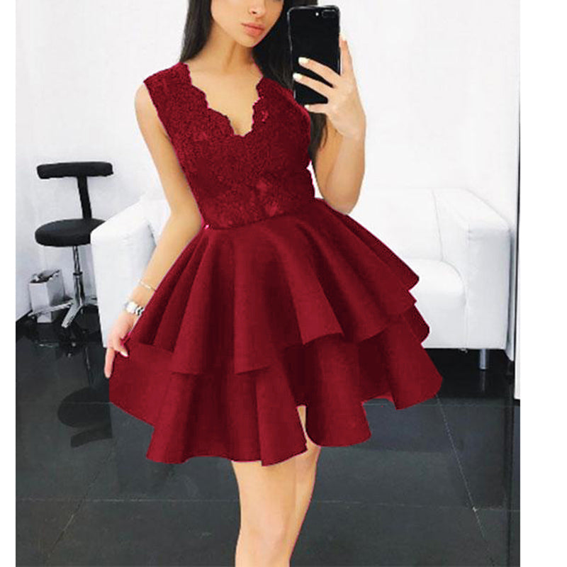 Vestido corto de encaje con escote en V para niñas, vestido de fiesta de graduación semiformal para cóctel 2018 SP347