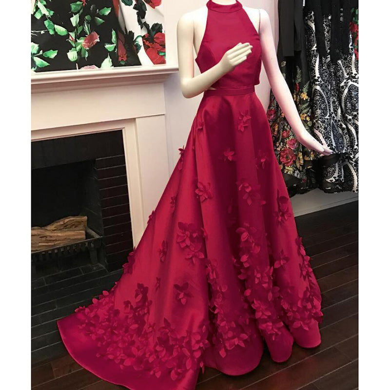 Classy A Line Halter Satin Applique Long Prom Dress, Evening Dress main image 0