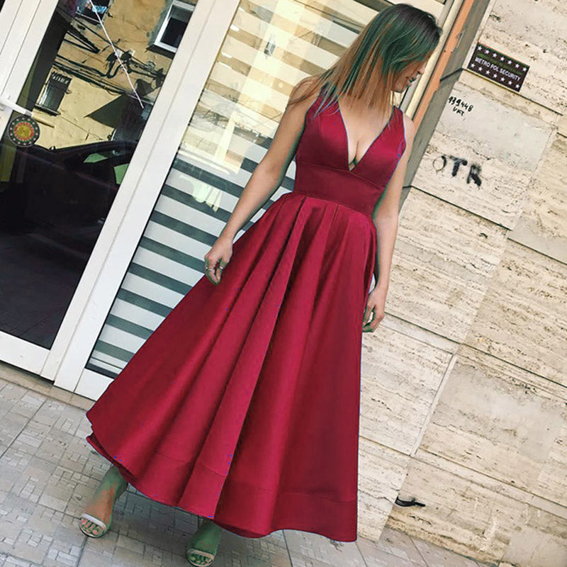 Deep V Neck Prom Dresses Tea Length Satin Dress Siaoryne Deep V Neck Prom Dresses Tea Length Satin Dress Siaoryne
