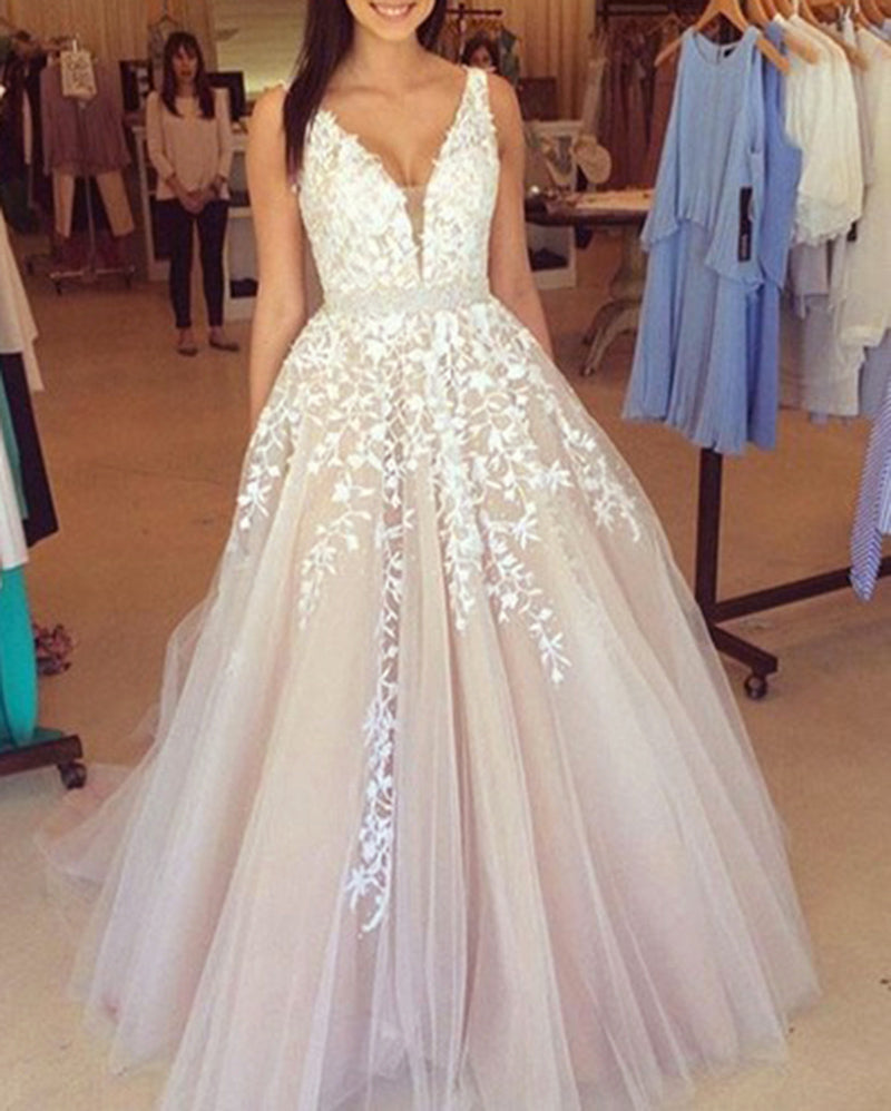 Gorgeous Girls Iovry /Blush Lace Senior Prom Dress 2021 V Neck Long Formal Graduation Party Gown with Beading Belt PL01124