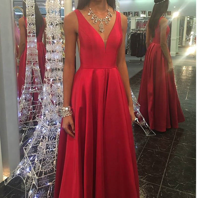 Red V Neck A Line Satin Prom Dresses 2018 Girls Graduation Gown Long H Siaoryne Red V Neck A Line Satin Prom Dresses 2018 Girls Graduation Gown Long H Siaoryne