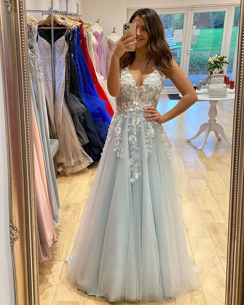 Vestido de fiesta largo elegante de color azul bebé para graduación de último año 2020, vestido de graduación largo con encaje marfil PL1116