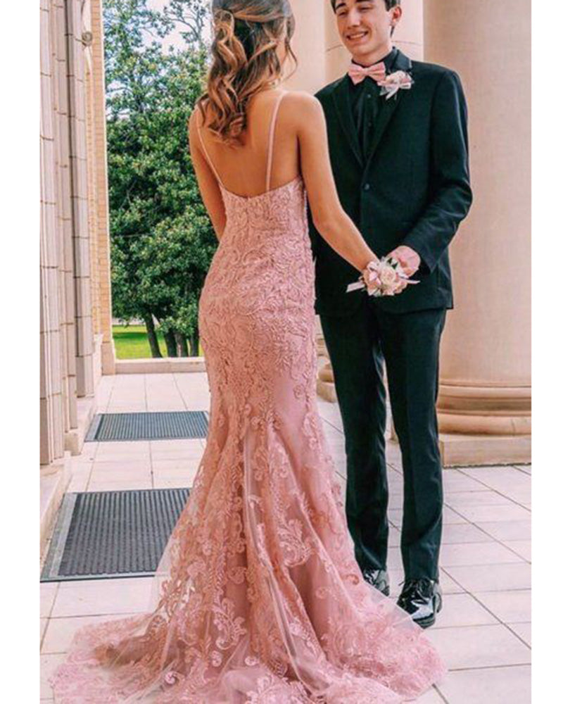 Superbe robe de bal de fin d'année en dentelle à col en V pour filles âgées, sirène/trompette, bretelles spaghetti