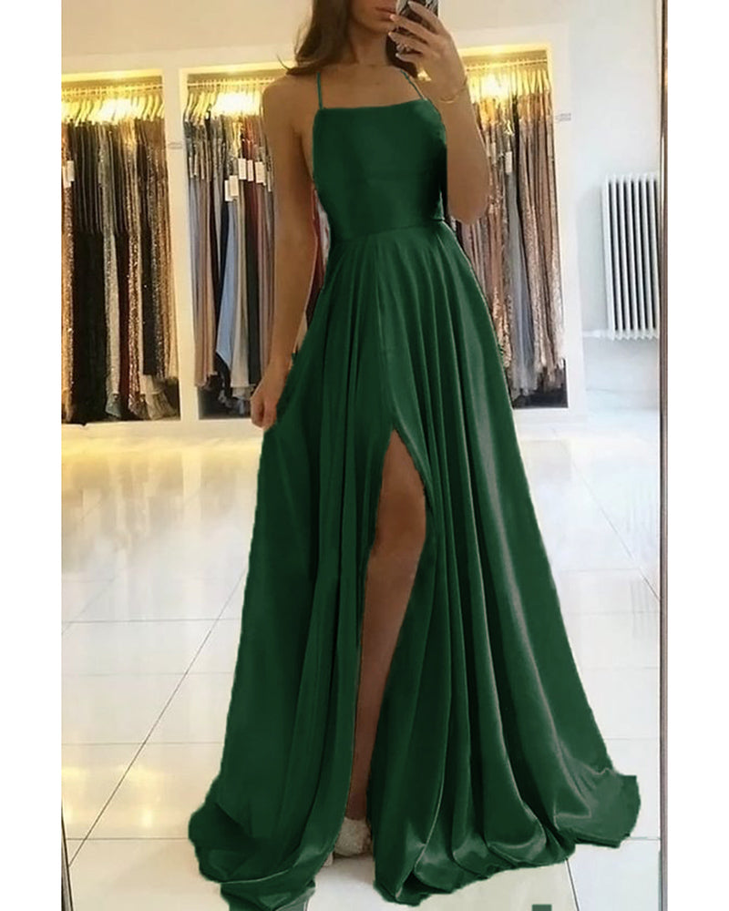 Dark Green Sheath Spaghetti Straps Long Prom Dress With Slit