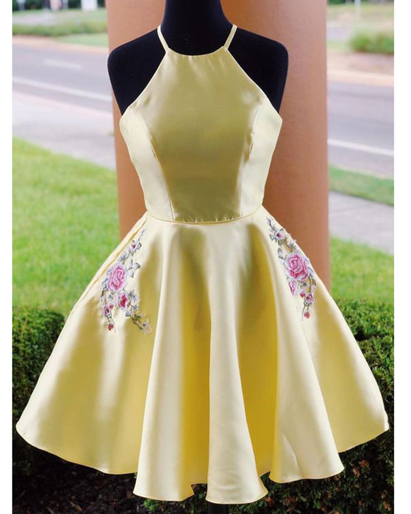Lovely Embroidery Yellow Halter Short Cocktail Dress Short Evening Gow Siaoryne Lovely Embroidery Yellow Halter Short Cocktail Dress Short Evening Gow Siaoryne