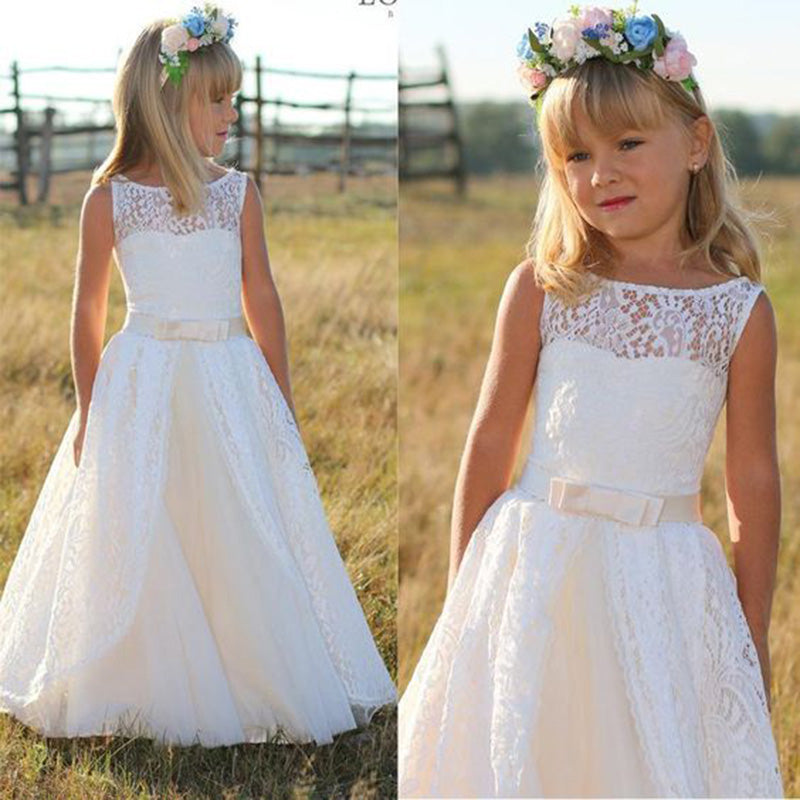 Siaoryne First Communion Dresses For Girls Long	Lace Boat Neck Flower Girl Dresses Sleeveless LP1010