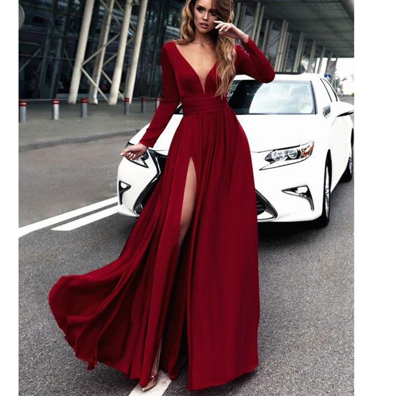 Long Sleeves Red/Burgundy Dress Chiffon Sexy Deep V Neck Women