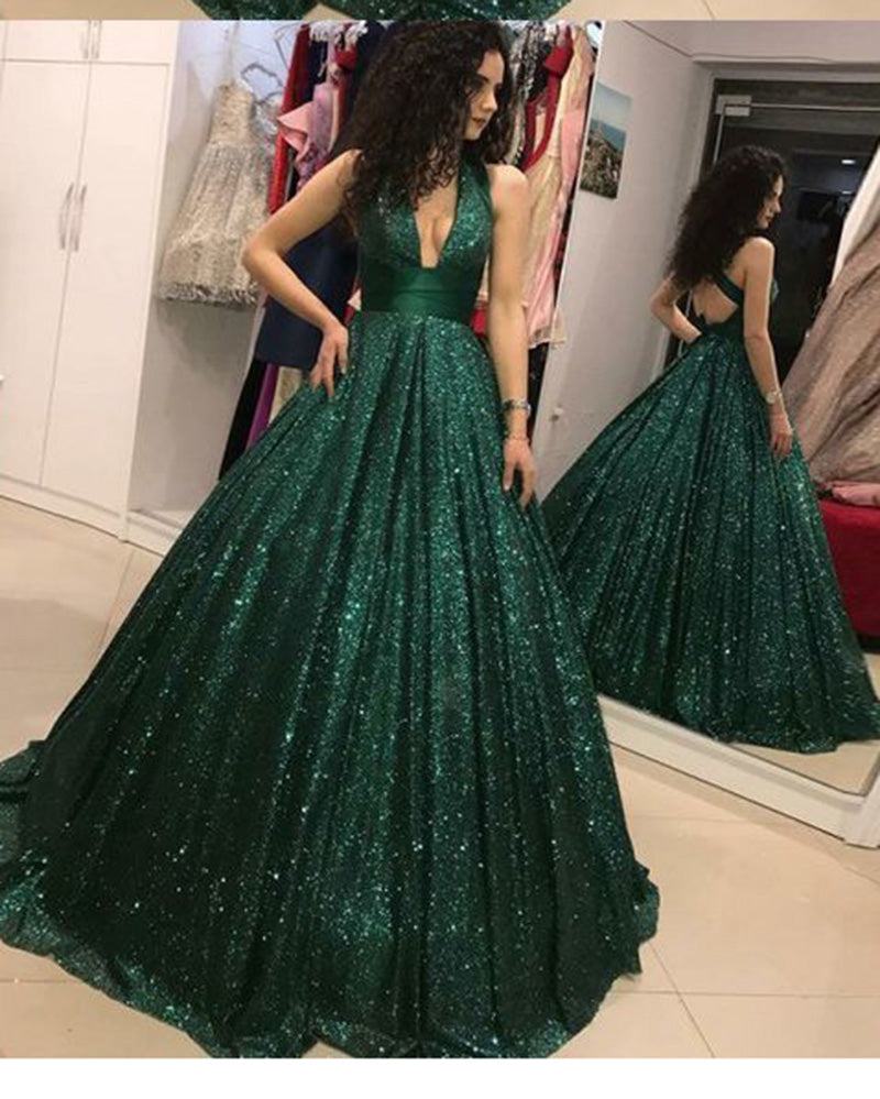 Sexy Halter Green Sparkly Sequins Pageant Dress for Girls Ball Gown Pr –  Siaoryne