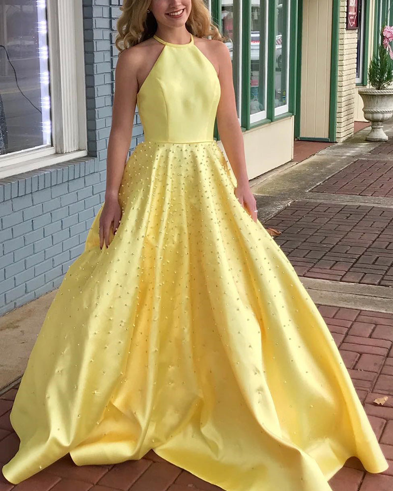 Vestido de graduación largo para niñas, vestido de fiesta amarillo con escote halter y perla amarilla, rosa y azul PL8877