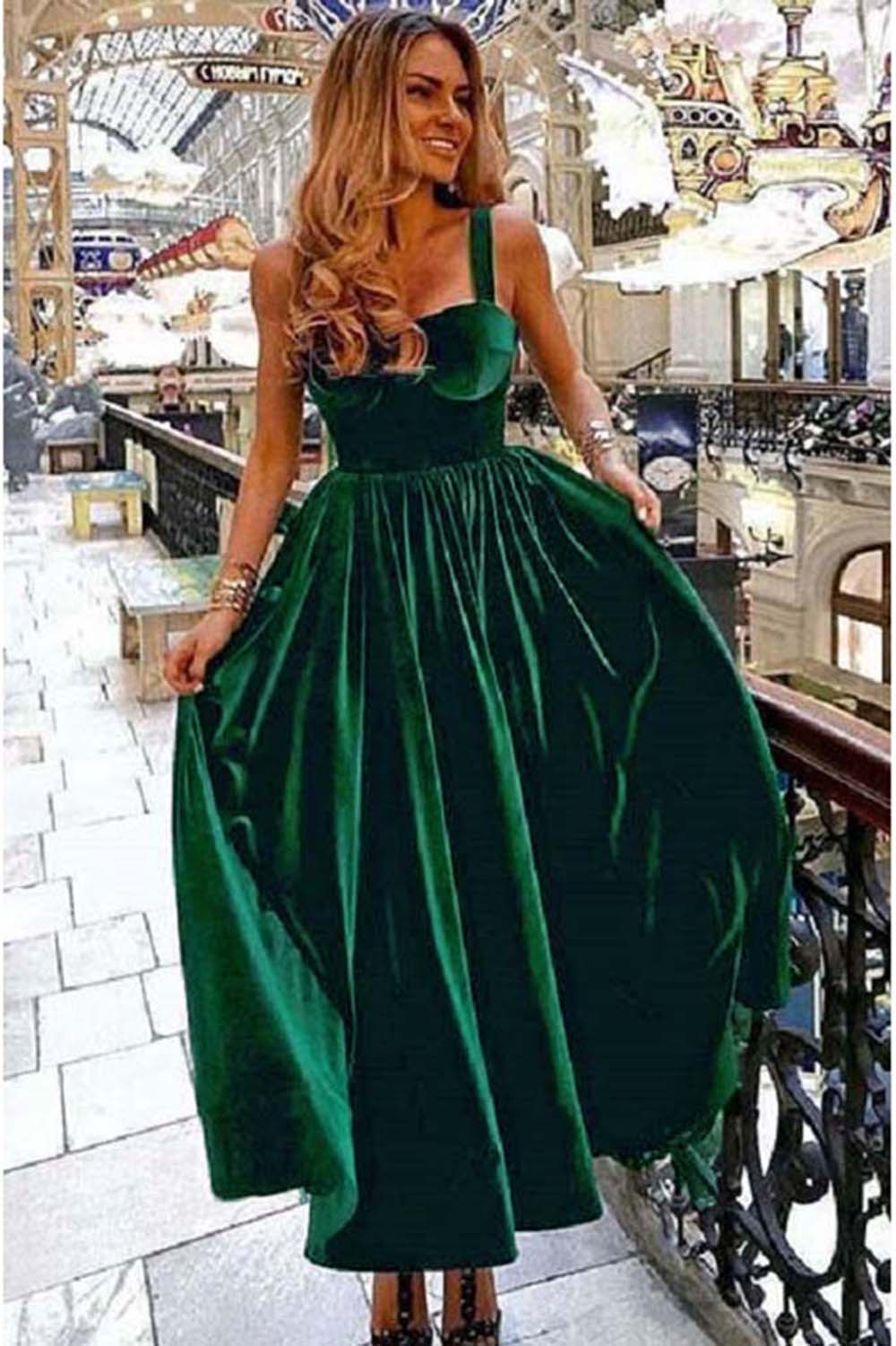 Robe de bal en velours vert foncé vintage des années 1950, robe de cocktail élégante, longueur thé, PL10824