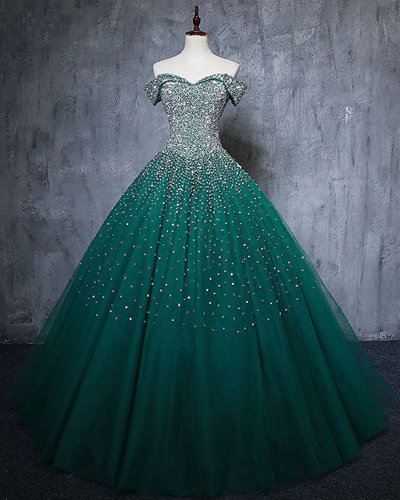 Sparkly Puffy Off the Shoulder Crystal Dark green Quinceanera DressesB Siaoryne