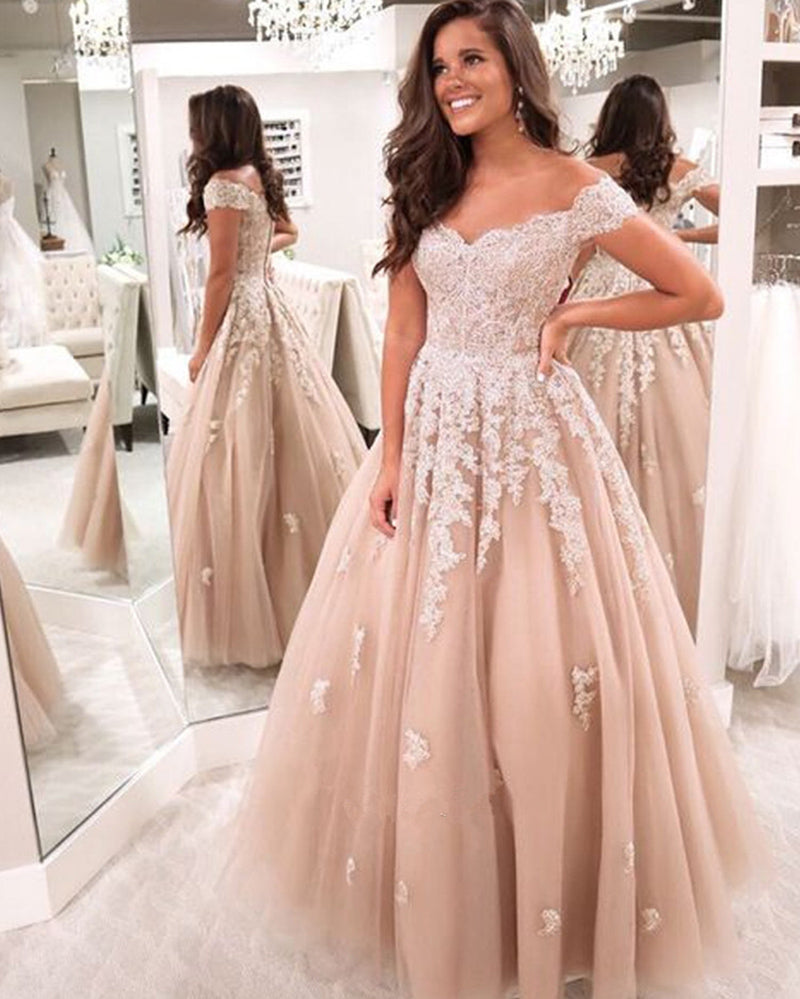 Blush Pale Pink Off Shoulder Ball Gown Lace Formal Prom Dresses Girls Siaoryne Blush Pale Pink Off Shoulder Ball Gown Lace Formal Prom Dresses Girls Siaoryne