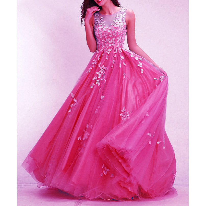 Hot Pink Prom Dresses Long 2022 Senior Prom Gown with Ivory Lace A Line Full Skirt