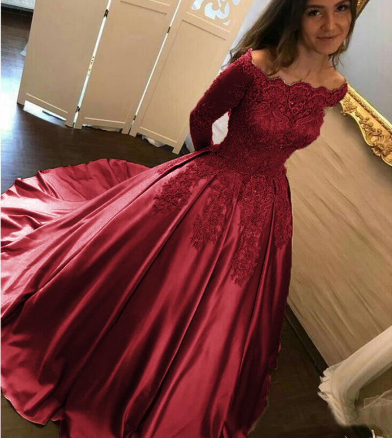open lace back dress Off Shoulder Burgundy Lace Satin Ball Gown Wedding Dress,Reception Wed –  Siaoryne