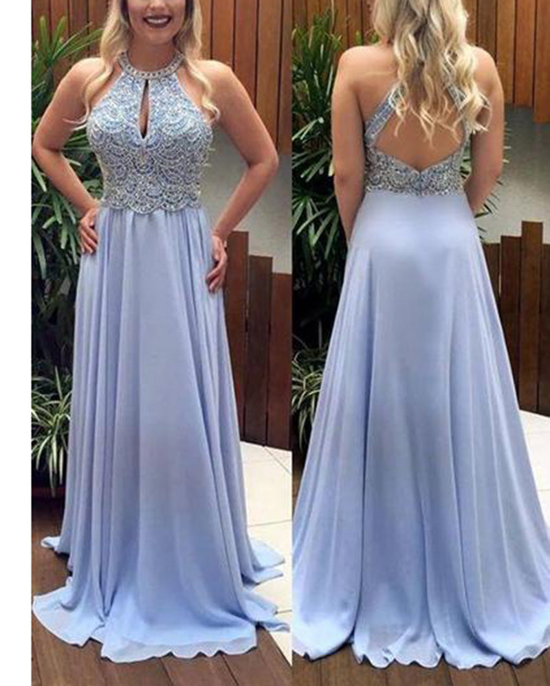 Gorgeous Chiffon Halter Long Lavender Prom dress with Beading PL2110
