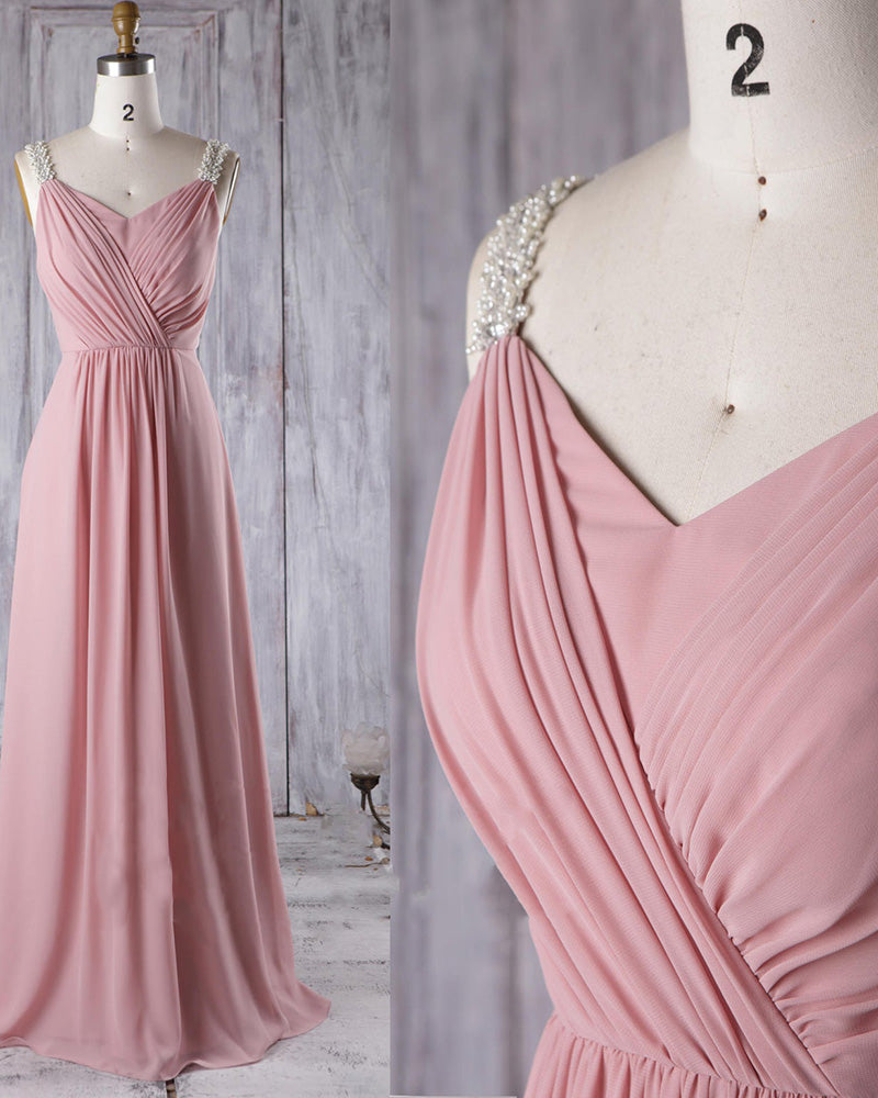 Elegante vestido de fiesta de boda de gasa plisada en color rosa polvoriento/beige, vestido de dama de honor largo para mujer con tirantes con cuentas de perlas PL06081