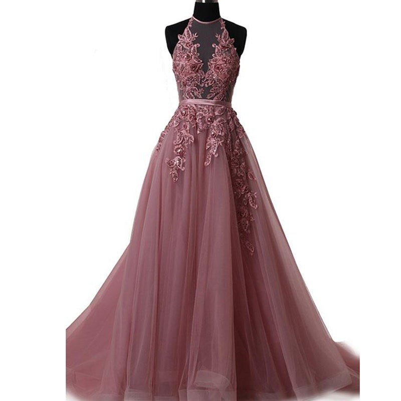 LP3285 Lotus Pink A Line Tulle Lace Halter Prom Dress ,Long Formal Gow –  Siaoryne