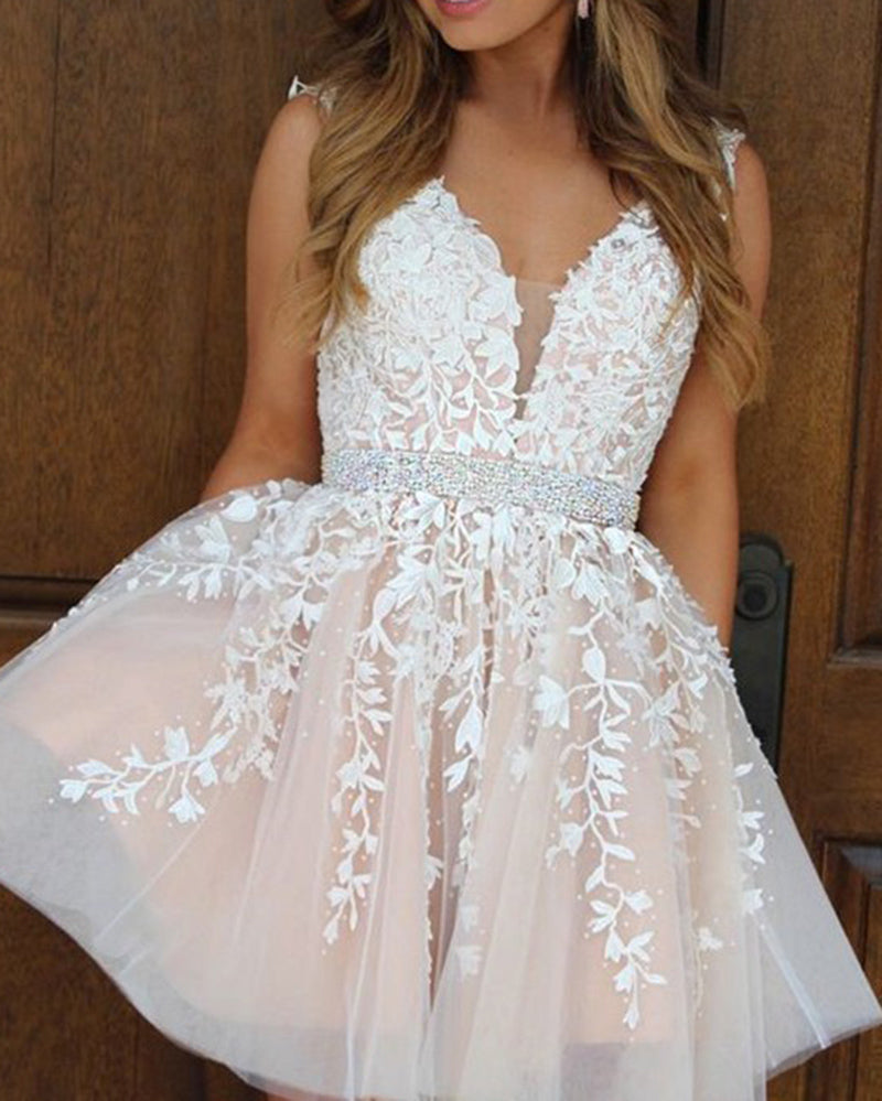 SP0520 Hermoso vestido de fiesta de bienvenida con dos tul color piel/marfil y encaje para adolescentes, vestido de fiesta corto para 8.º grado