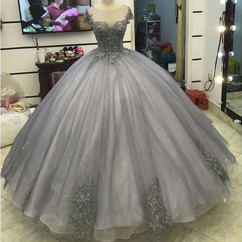 LP5556 Glitter Grey Silver Ball Gown Princess Prom Dresses Lace Appliq Siaoryne LP5556 Glitter Grey Silver Ball Gown Princess Prom Dresses Lace Appliq Siaoryne