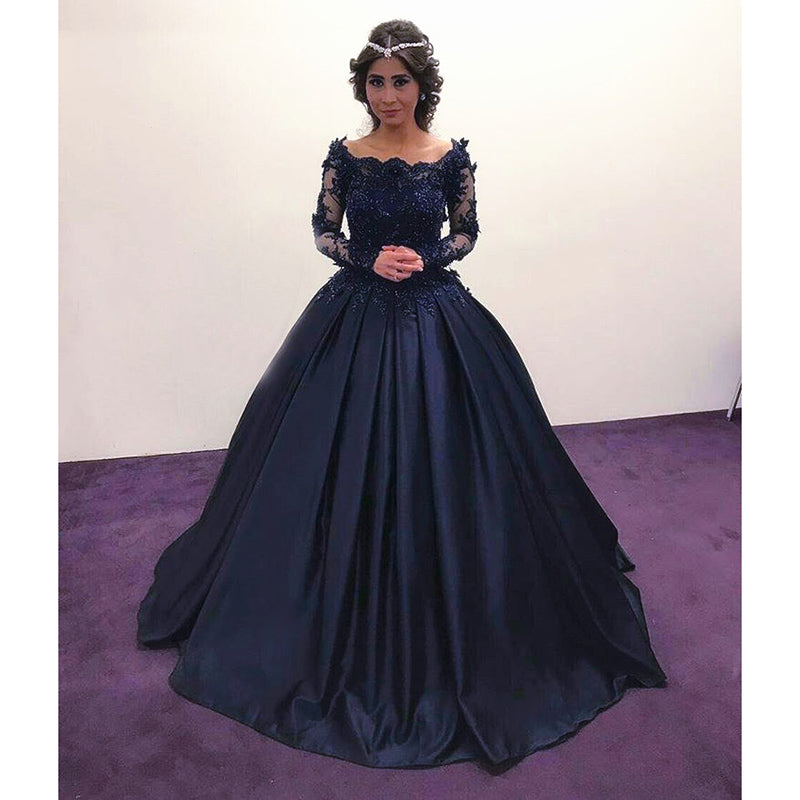 Princess Embellished Long Sleeves Navy Blue Prom Dresses Ball Gown Wedding Engagement Dresses ,Lace Appliqued Formal Gown