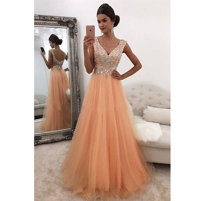 Siaoryne Coral V neck A Line Prom Dresses Long with Appliqued Saioryne