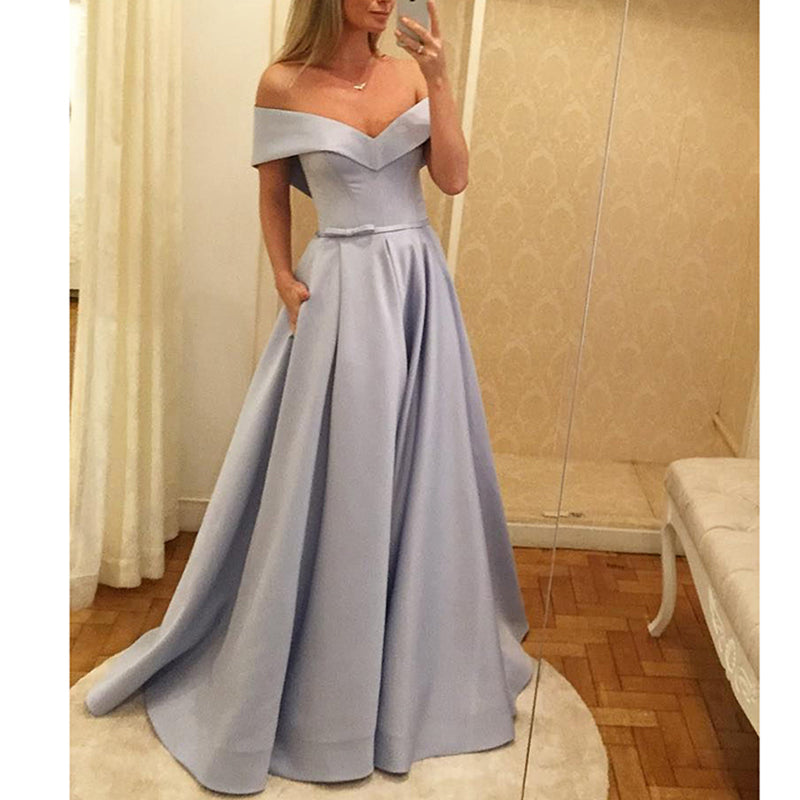 Robe de soirée lavande à épaules dénudées et jupe trapèze
