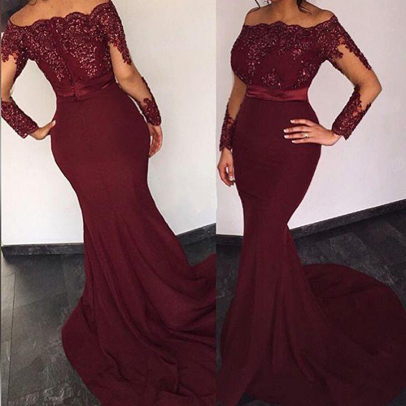 Off-Shoulder Sleeves Mermaid Gown with Lace Corset Top Burgundy main image 1