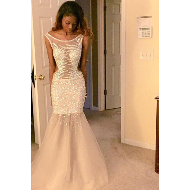 LP2135 Scoop Neck Champagne Mermaid Evening Dress Long Crystal Beading Formal Prom Gown 2018 vestidos de formatura