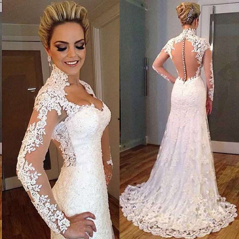 Gorgeous Vintage Wedding Dresses Lace ,High Neck Bridal Gown with Long Sleeves