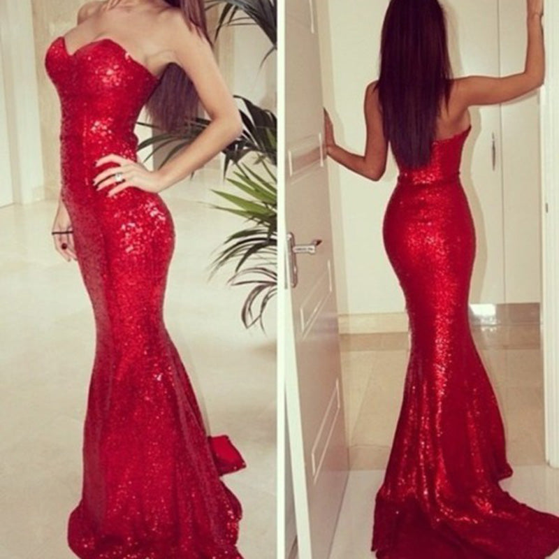 Encantadores vestidos de fiesta de lentejuelas rojas, vestidos de fiesta de sirena con escote en forma de corazón sexys Siaoryne