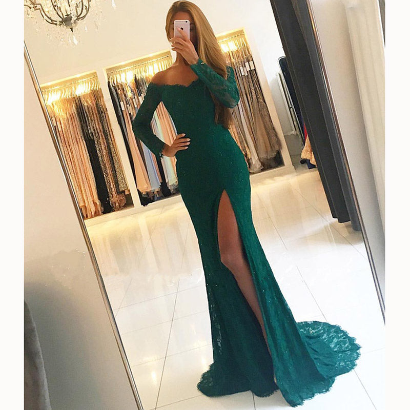 LP3352 Dark Green Lace Prom Dress off the Shoulder Formal Long Evening –  Siaoryne