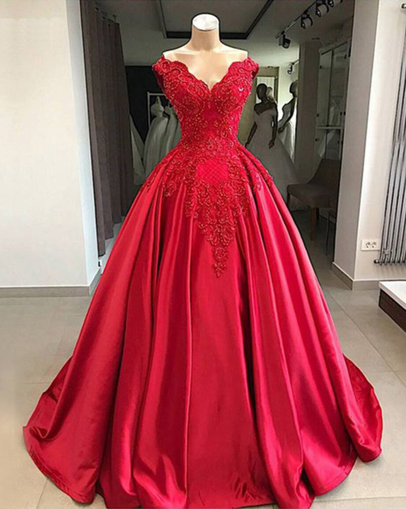 strapless open back dress Red lace Satin Ball Gown Prom Dresses Long with beading PL2100 – Siaoryne
