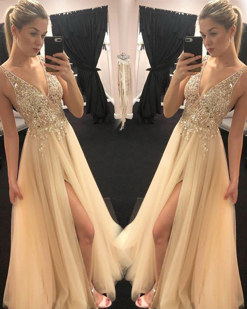 Elegante vestido de fiesta largo para niñas, largo con abertura en tul amarillo, vestido de fiesta de cristal, cuello en V, vestido de fiesta de noche