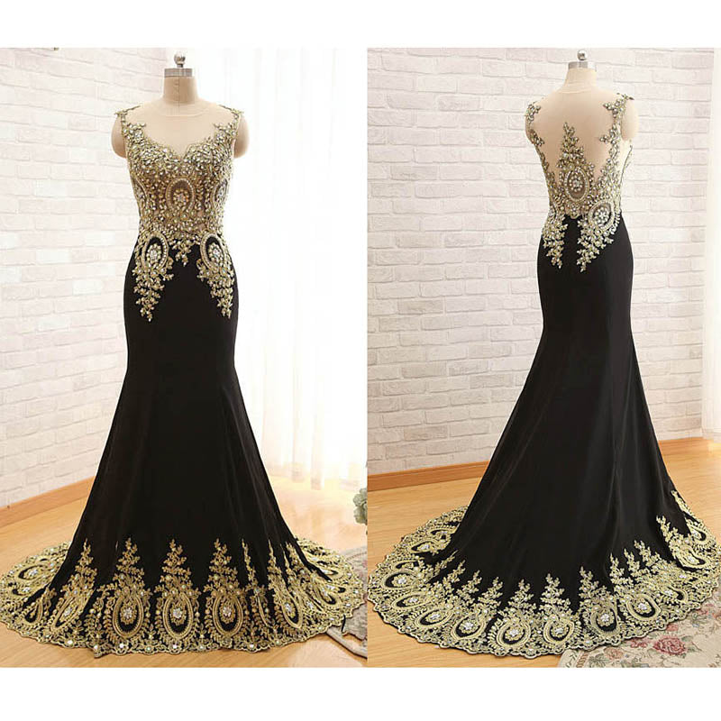 Robe de soirée longue sirène en dentelle avec appliques en or noir LP717