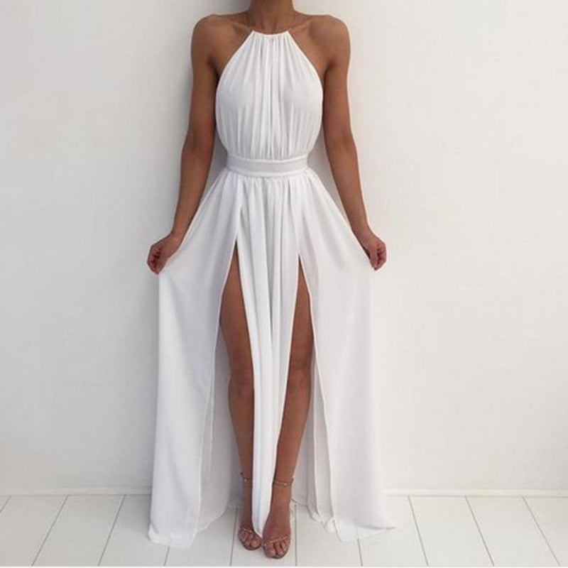 Halter White Dress Summer Party Gown with Sexy Slits Long Evening Dres Siaoryne Halter White Dress Summer Party Gown with Sexy Slits Long Evening Dres Siaoryne