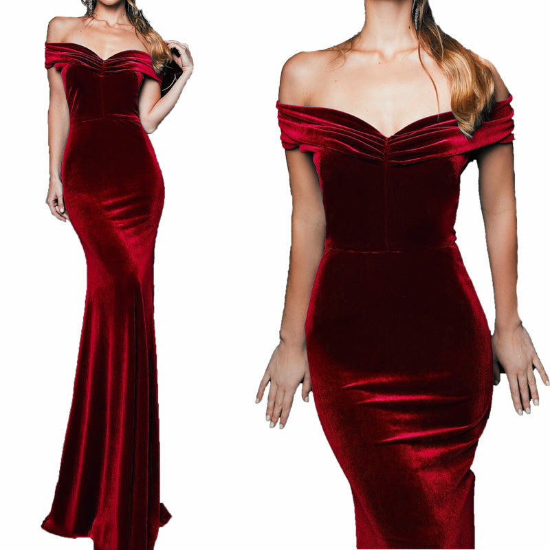 Robe de soirée longue sirène en velours LP5502 2022 Robe de bal formelle à épaules dénudées