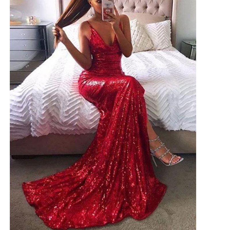 Bling Bling Sequin Prom Dress Red Evening Party Gown Slit Leg Spaghett –  Siaoryne