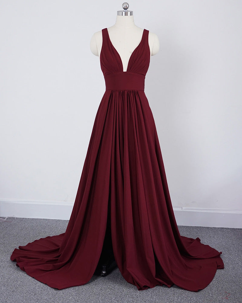 Evening Dresses Long with slit Sexy V Neck Women dress maroon Bridesmaid Gown LP0247