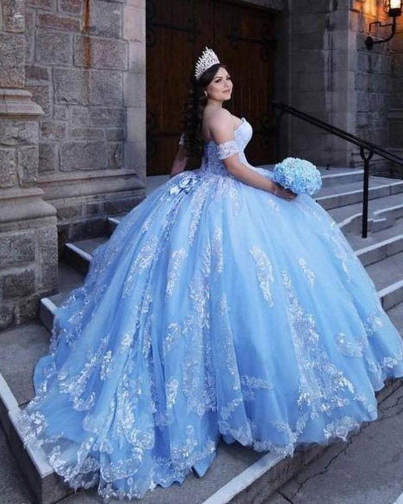 Vestido de fiesta de máscaras con hombros descubiertos en color azul cielo para niñas, vestido de fiesta de quince años PL10119
