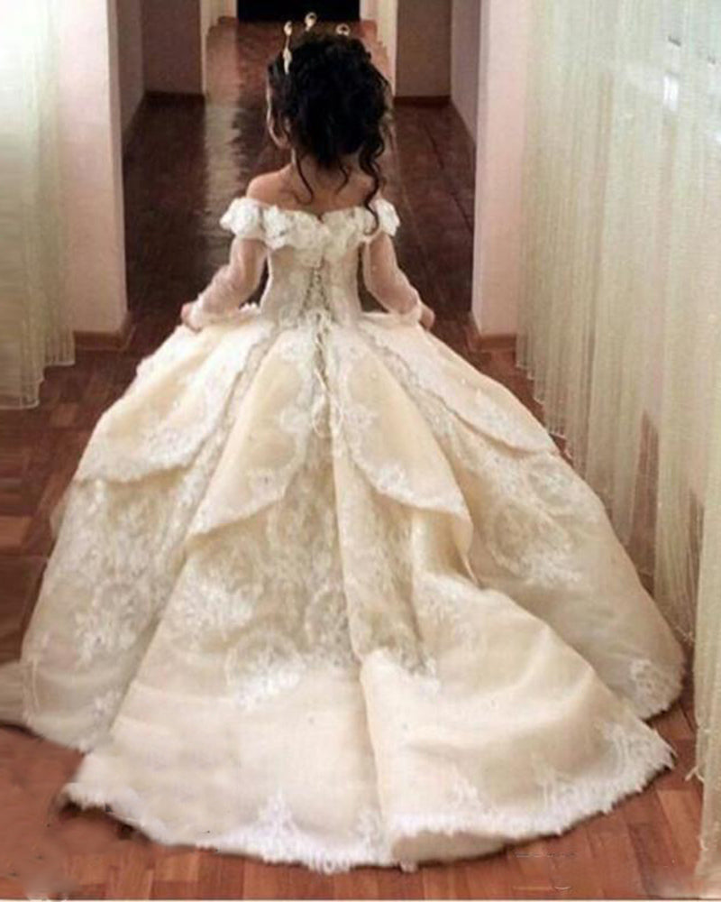 Siaoryne Off Shoulder Ball Gown Ivory Flower Girl Dress Wedding Gown for Little Girls FG2014