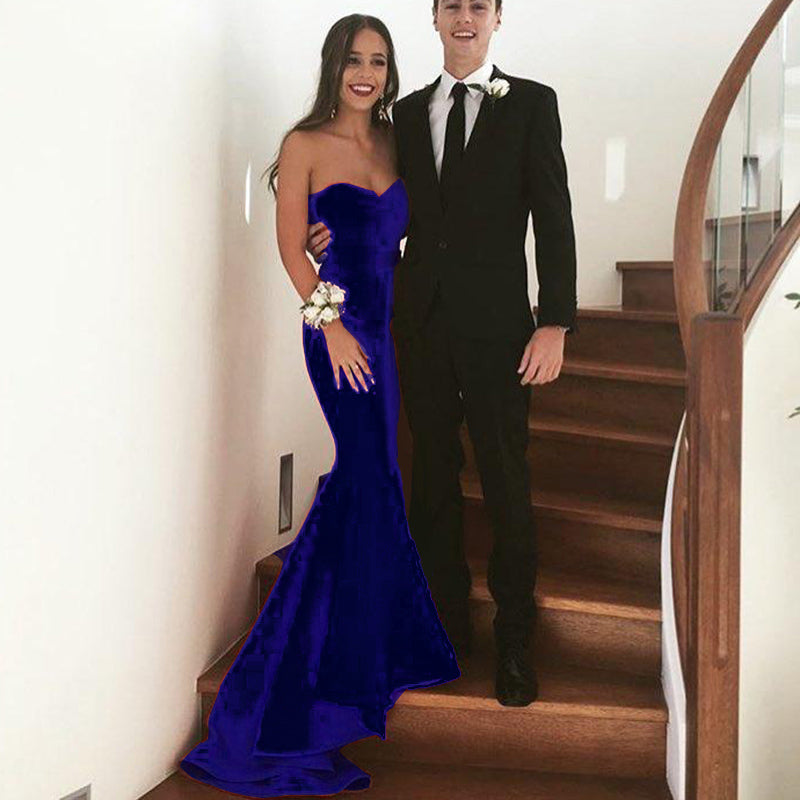 Impresionantes vestidos de noche de terciopelo con escote en forma de corazón y espalda descubierta, vestidos formales largos de sirena en azul real