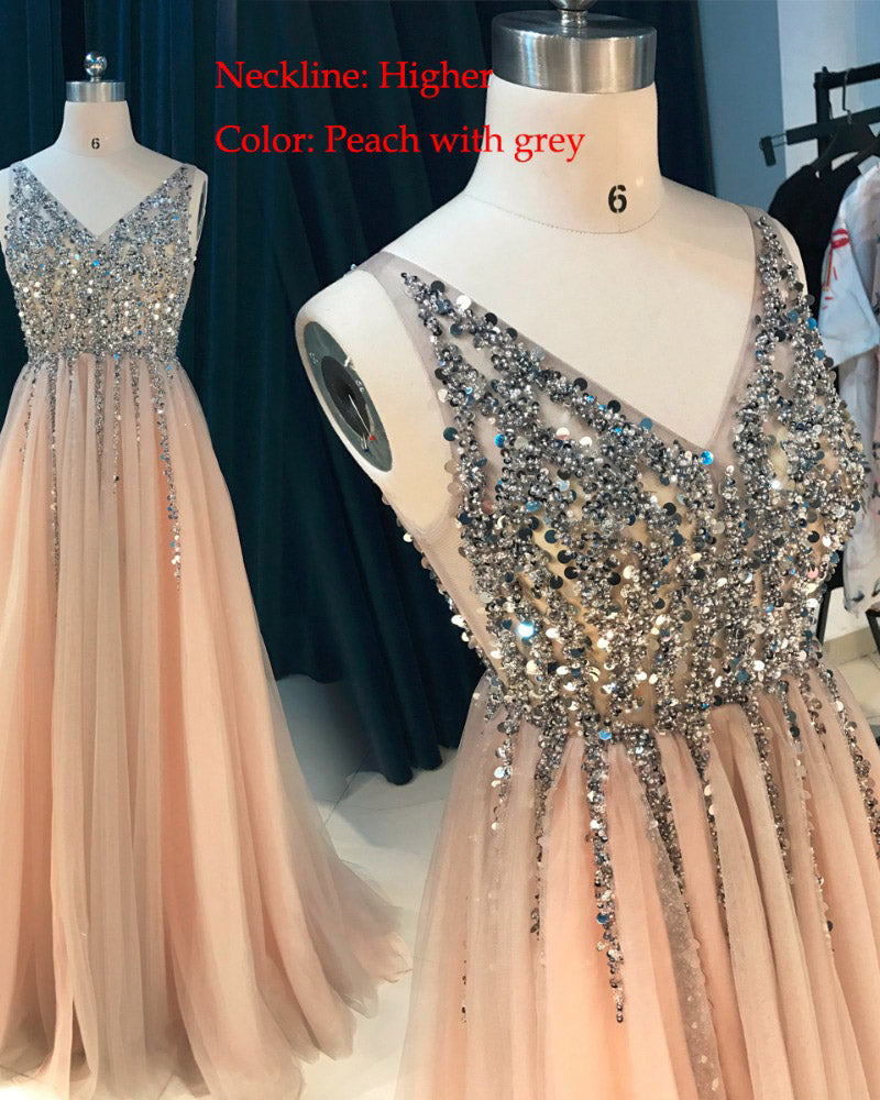 Peach/Gray V Neck Sequins Beading Long Sexy See Through Formal Gowns P Siaoryne Peach/Gray V Neck Sequins Beading Long Sexy See Through Formal Gowns P Siaoryne