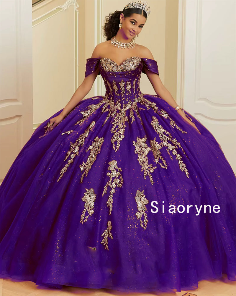 Royal Blue Ball Gown Quinceanera Dress 2026 with Gold Lace PL1229