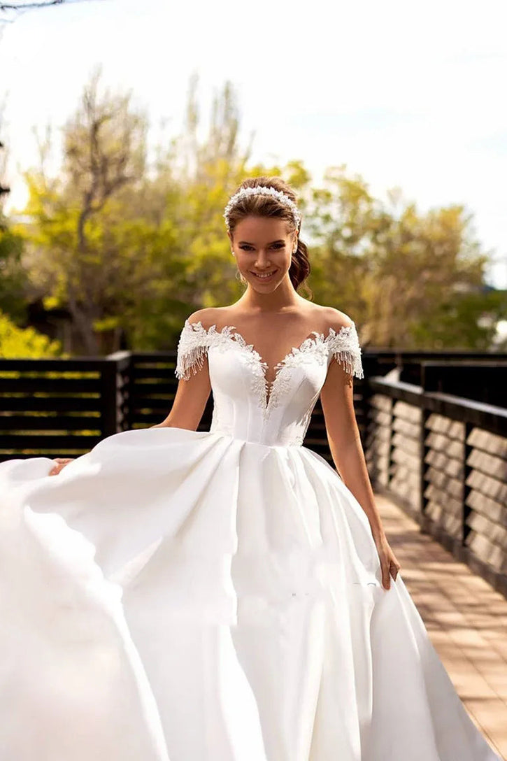 Princess White Satin and Lace Bridal Dress for Women WD10282