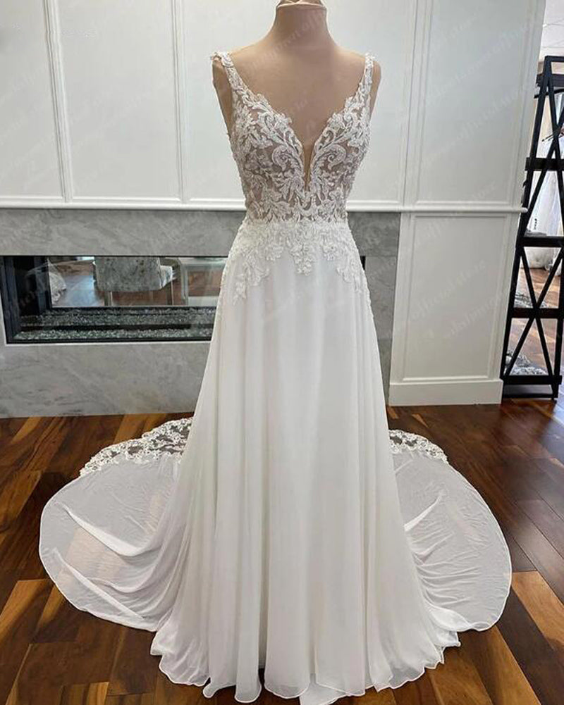 Luxury Civil Chiffon Wedding Gowns Open Back Vintage Bridal Boho Long Wedding Dresses Lace Appliques V neck Vestido Boda