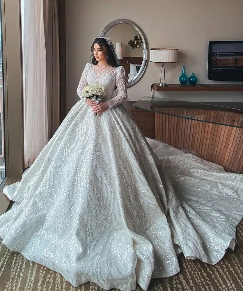 Luxury Bling Bling Sequin Ball Gown Vintage Wedding Dress for Women with Long Sleeves vestido WD828