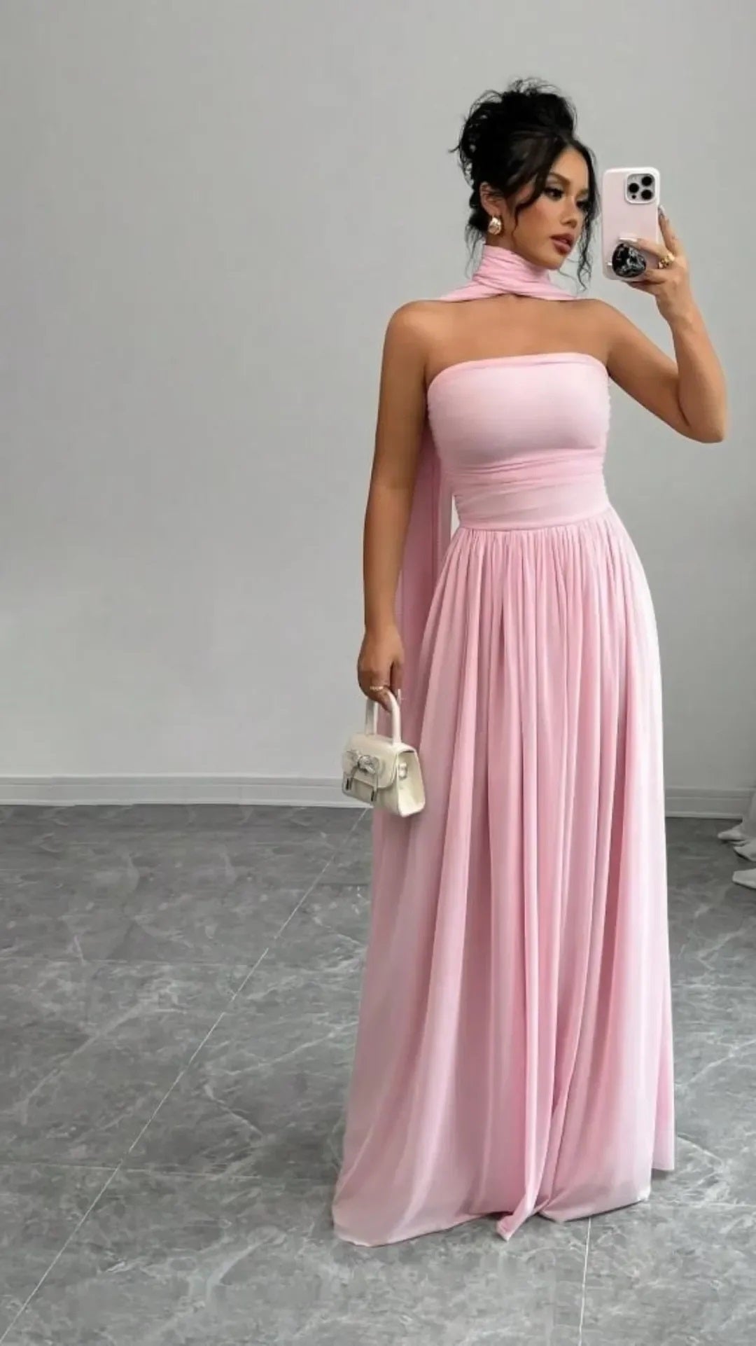Long Chiffon Pink Evening Dress with Scarf PL826