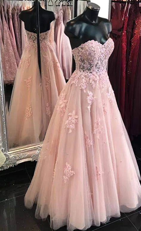 Robe de bal longue en tulle et dentelle à décolleté en cœur rose 2025 PL5219 